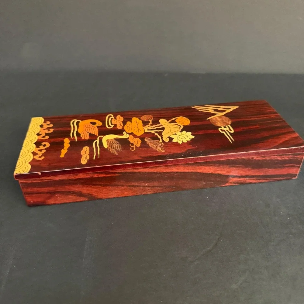 Vintage Korean Inlay Wood Box KICAC‎ Duck/Crane Marquetry Red Velvet RARE
